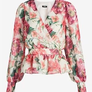 NWT Beautiful Express Floral Print Faux Wrap Peplum Blouse